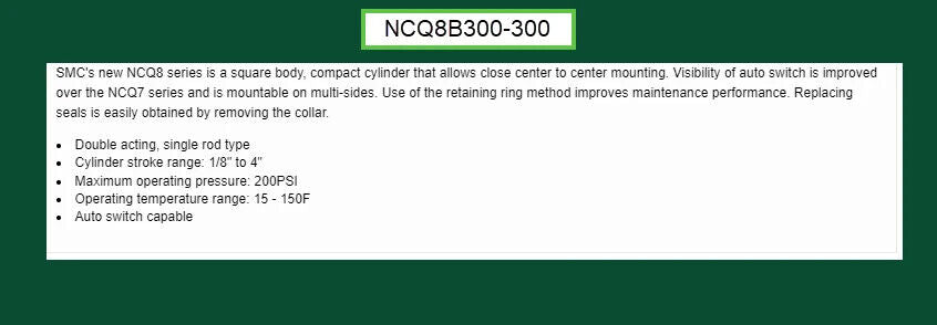 SMC NCQ8B300-300 Compact Pneumatic Cylinder, 200psi
