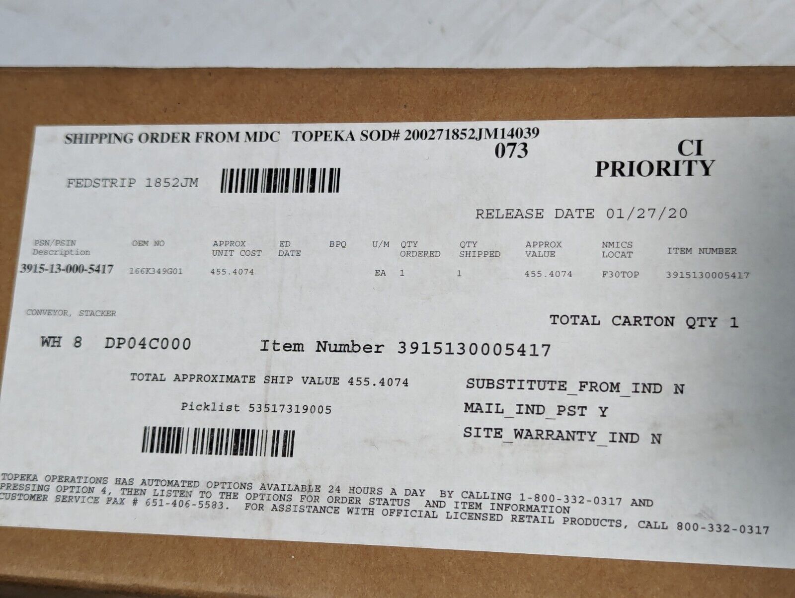 3915-13-000-5417 166K349G01 Stacker Conveyor - Free Shipping