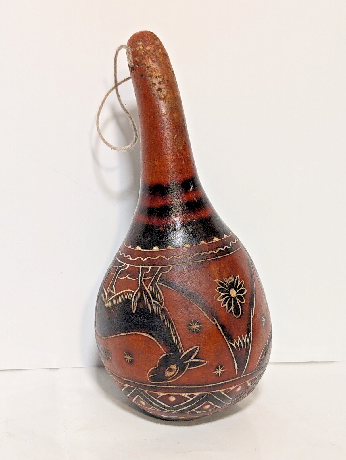 Vintage Peruvian Etched Gourd Maraca, Shaker, Music, Mountains, Donkey, Cactus