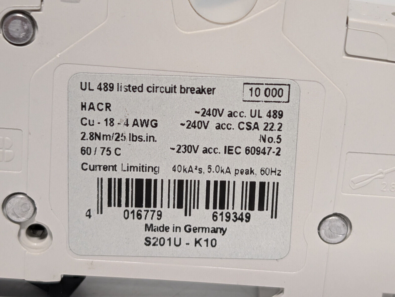 ABB S20-1U-K10, 1 Pole Circuit Breaker, 10 A, 162K853HG1, E212323, UL489 Listed
