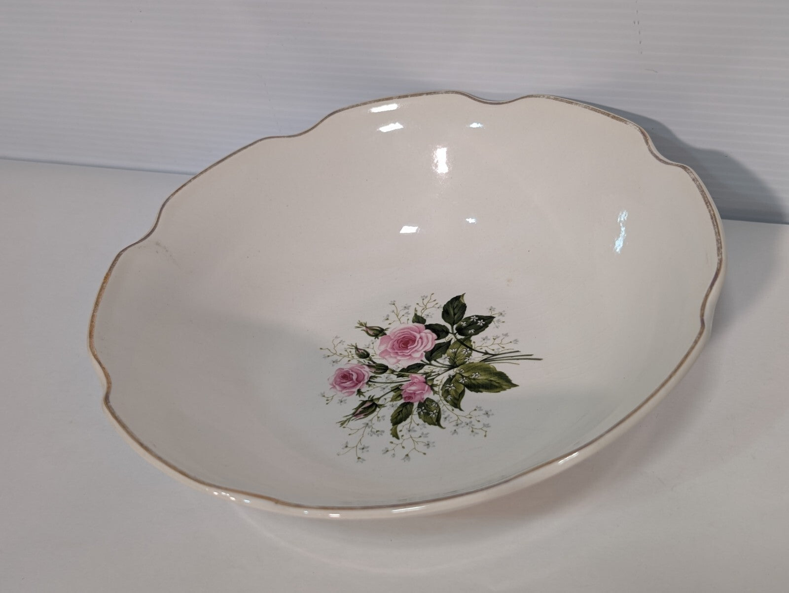 Vintage Sabin Cathy Rose Serving Bowl Pink Rose Floral Bouquet Gold Trim 8 1/2"