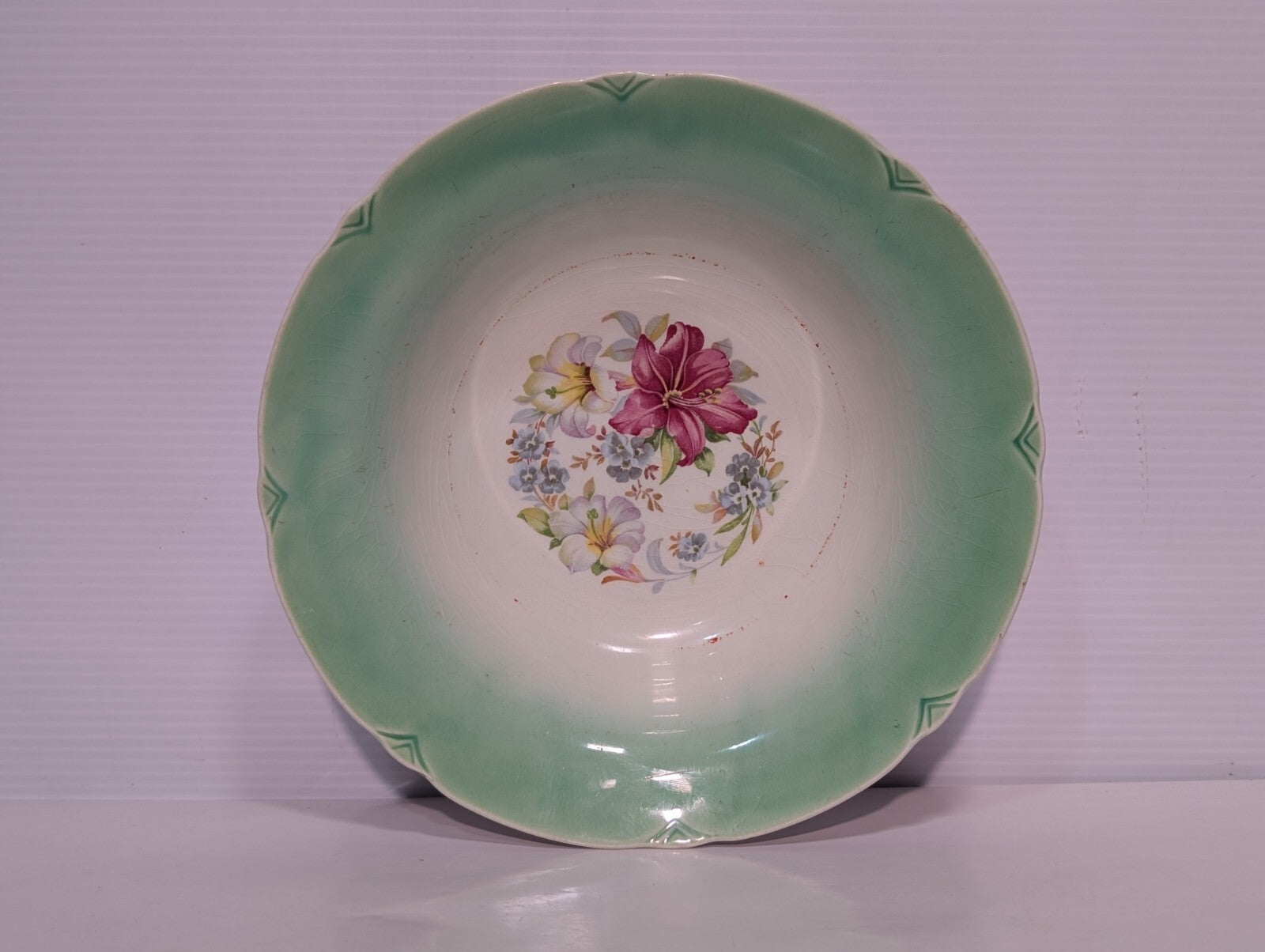 Vintage Porcelain Green + White with Floral Bouquet Serving Bowl 9 1/2" Diameter