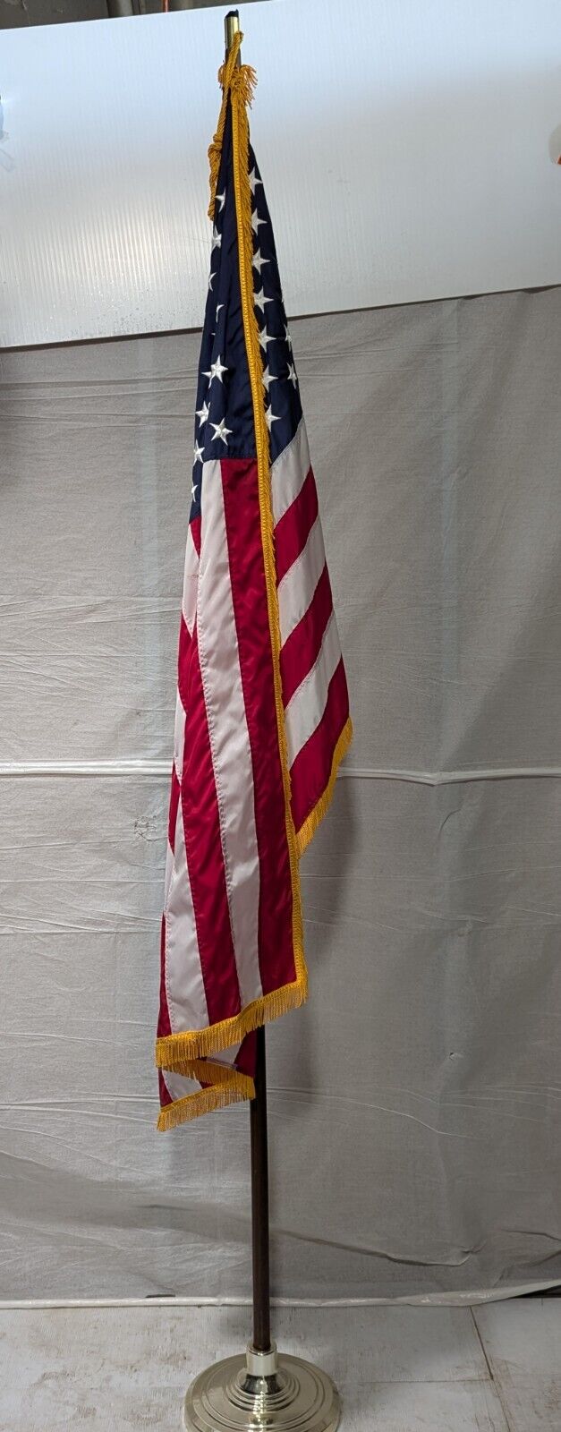 Vintage Indoor 3' x 5' American Flag With Gold Fringe and Wooden Flag Pole 99" H