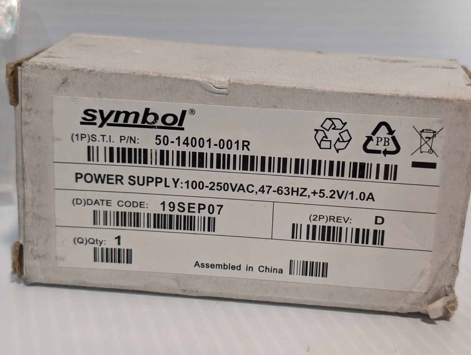 Symbol 50-14001-001R Power Adaptor, 100-250V, 1A Max, 47-63Hz - Free Shipping