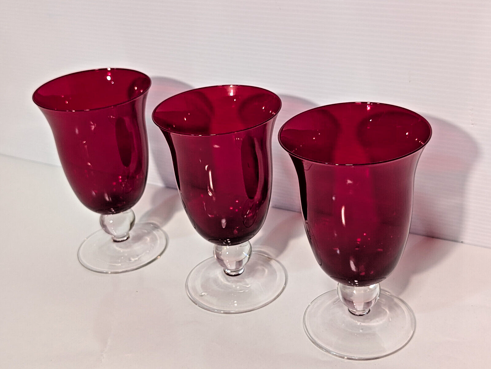 3 Vintage Ruby Red Goblets Fluted Clear Stem Tumblers Holiday Retro Celebration