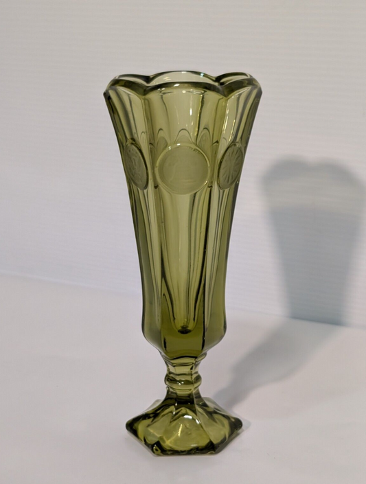 Vintage Fostoria 6-Sided Olive Green Glass American Liberty Coin Bud Vase 8"