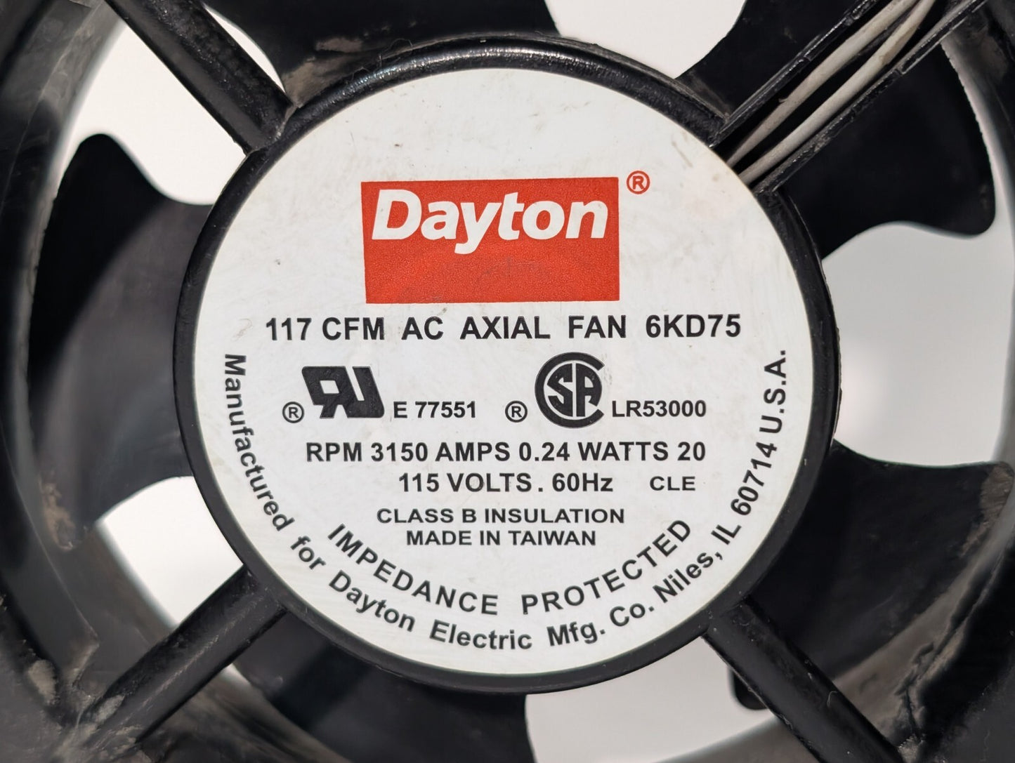 [2] Dayton 6KD75 AC Axial Fan 3150rpm .24 Amps 20 Watts 115 Volts 60hz 117cfm