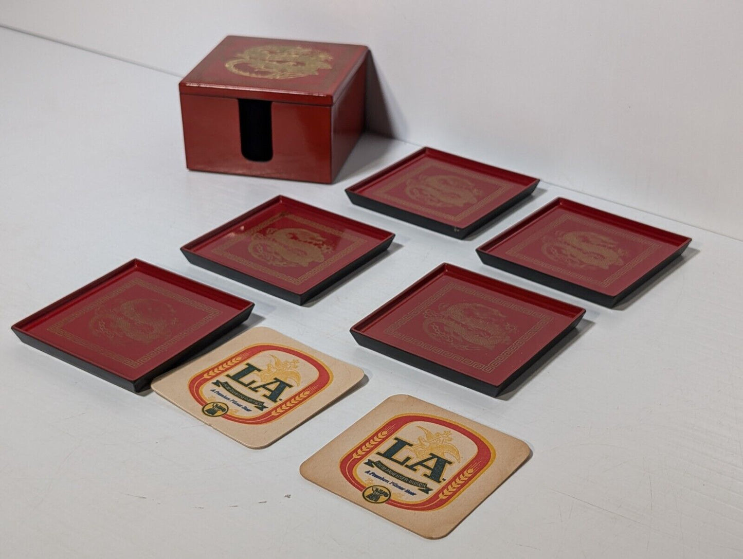 Vintage Japanese Otagiri Red and Gold Dragon Motif Lacquerware Coaster Set