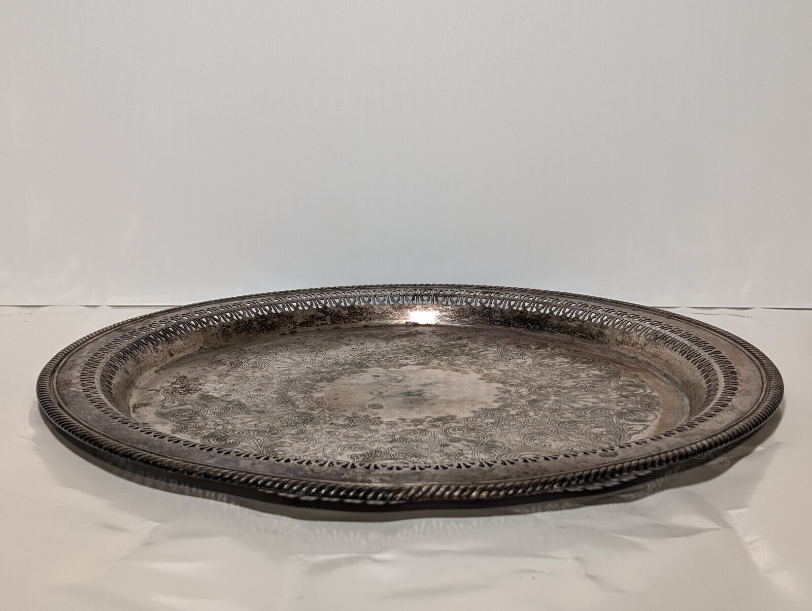Vintage 15" Sterling Silver Plated Serving Platter, Tray, Victorian, Filagree