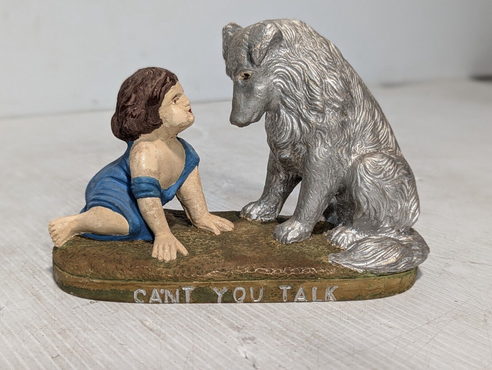 Vintage “CAN'T YOU TALK? " Dog & Child Setting Chalkware Statue - Free Shipping