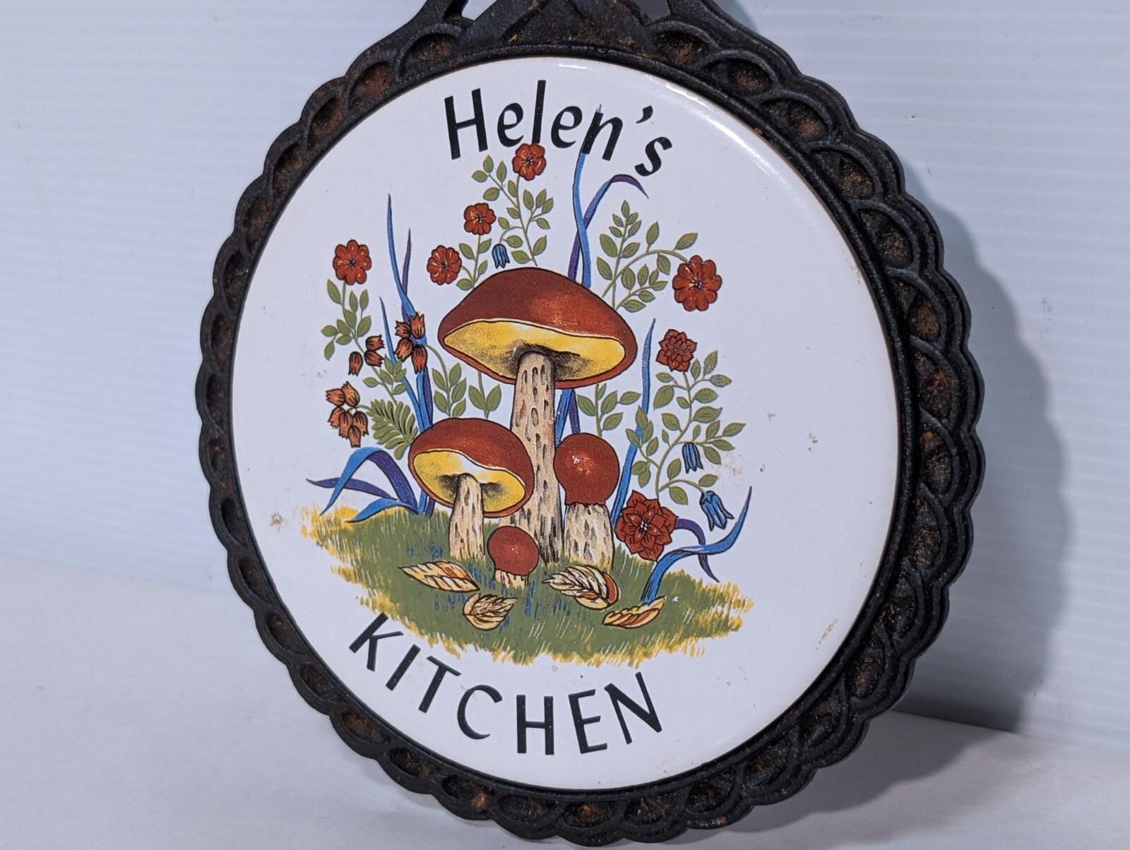 Vintage "Helen's Kitchen" Cast Iron Ceramic Tile Trivet 11" L x 7" W