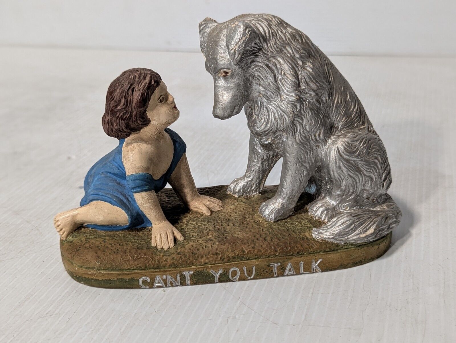 Vintage “CAN'T YOU TALK? " Dog & Child Setting Chalkware Statue - Free Shipping