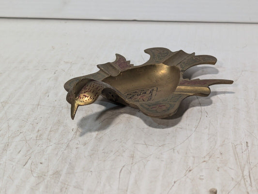 Vintage Brass Ashtray - Etched and Colored, Bird Theme, 7" x 5" - Free Shipping 
