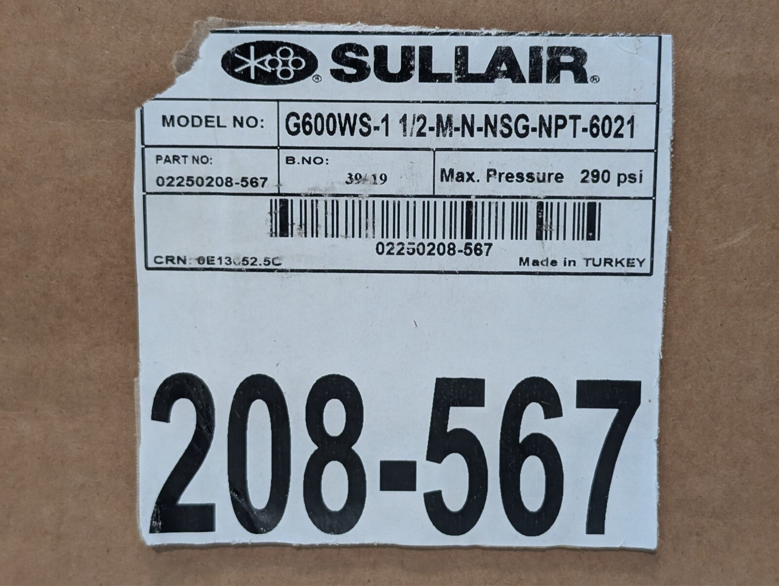 Sullair 02250208-567 Water Separator, 290PSI G600WS-1 1/2-M-N-NSG-NPT-6021