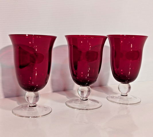 3 Vintage Ruby Red Goblets Fluted Clear Stem Tumblers Holiday Retro Celebration