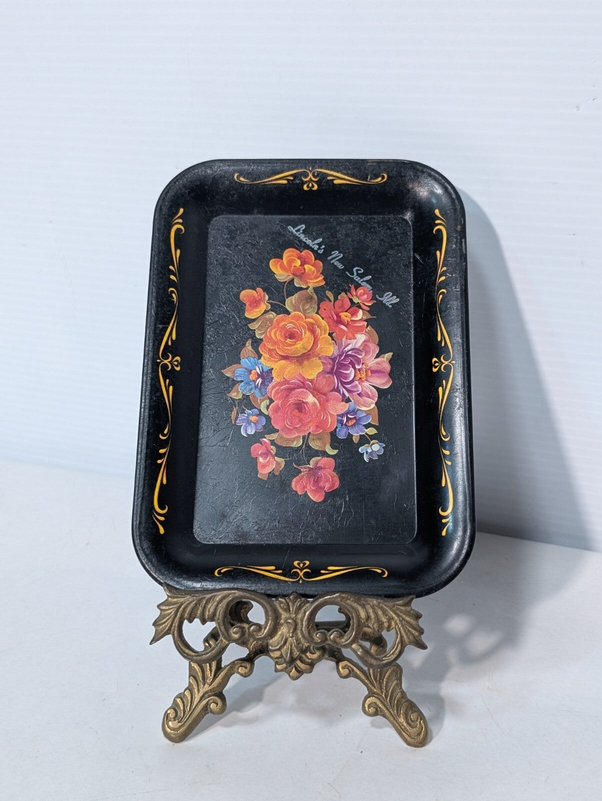 Vintage Tole Metal Floral Rose Design Tray with Display Stand