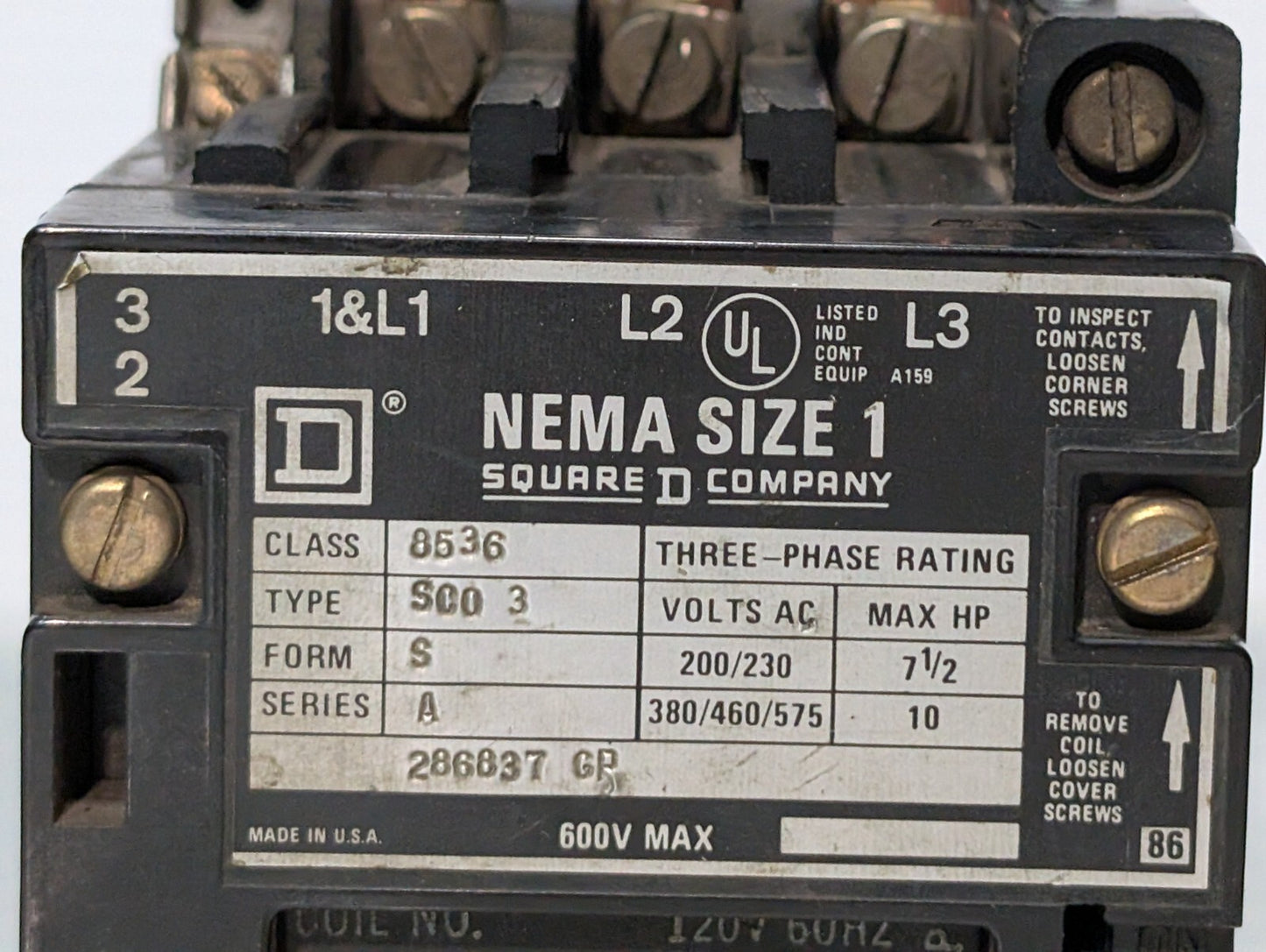 Square D 8536 SCT0-3 Motor Starter, NEMA Size 1, Series A, Form S, 110\120V Coil