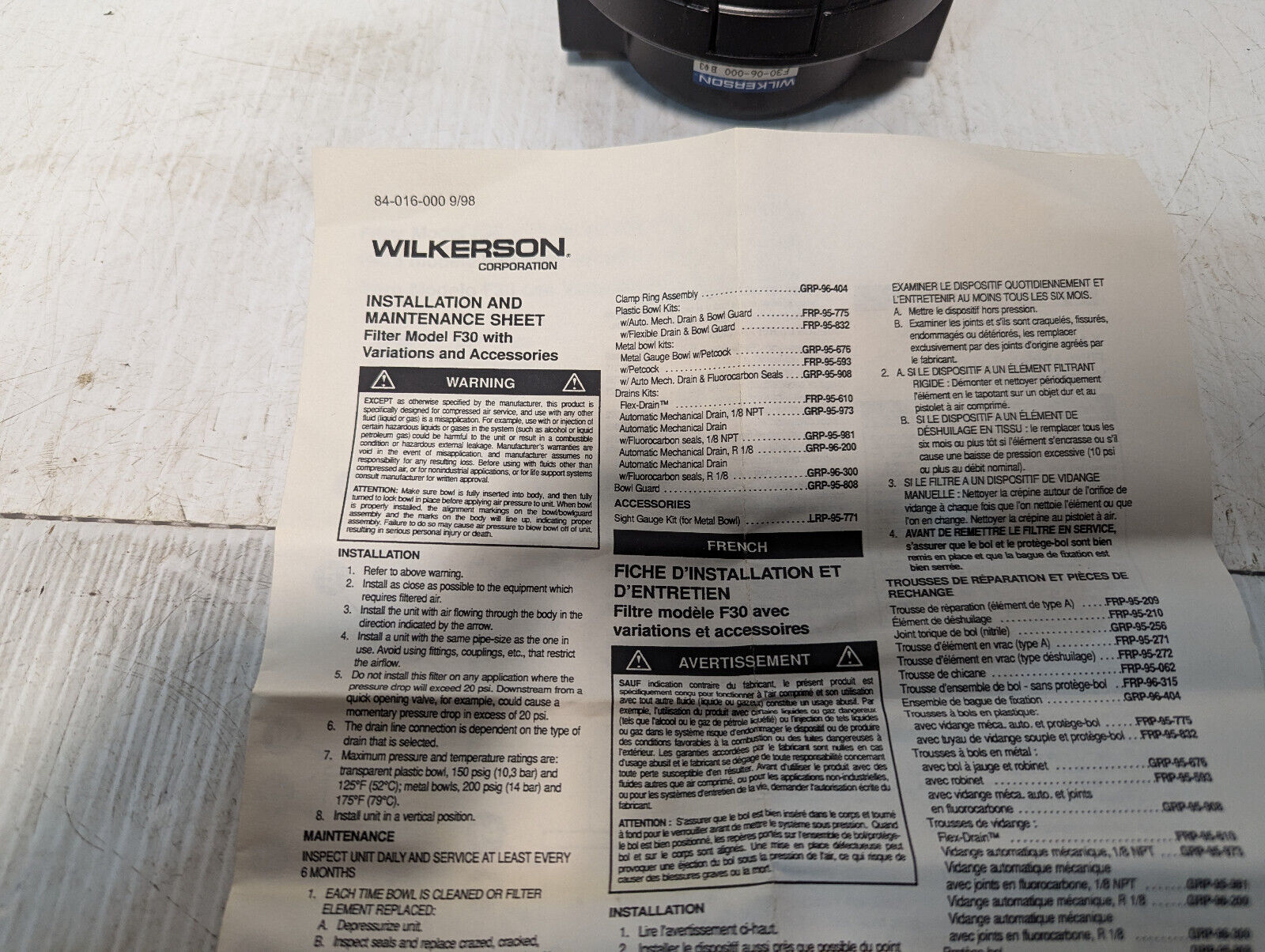 Wilkerson F30-06-000 Pneumatic Filter, open box with manual -Free Shipping