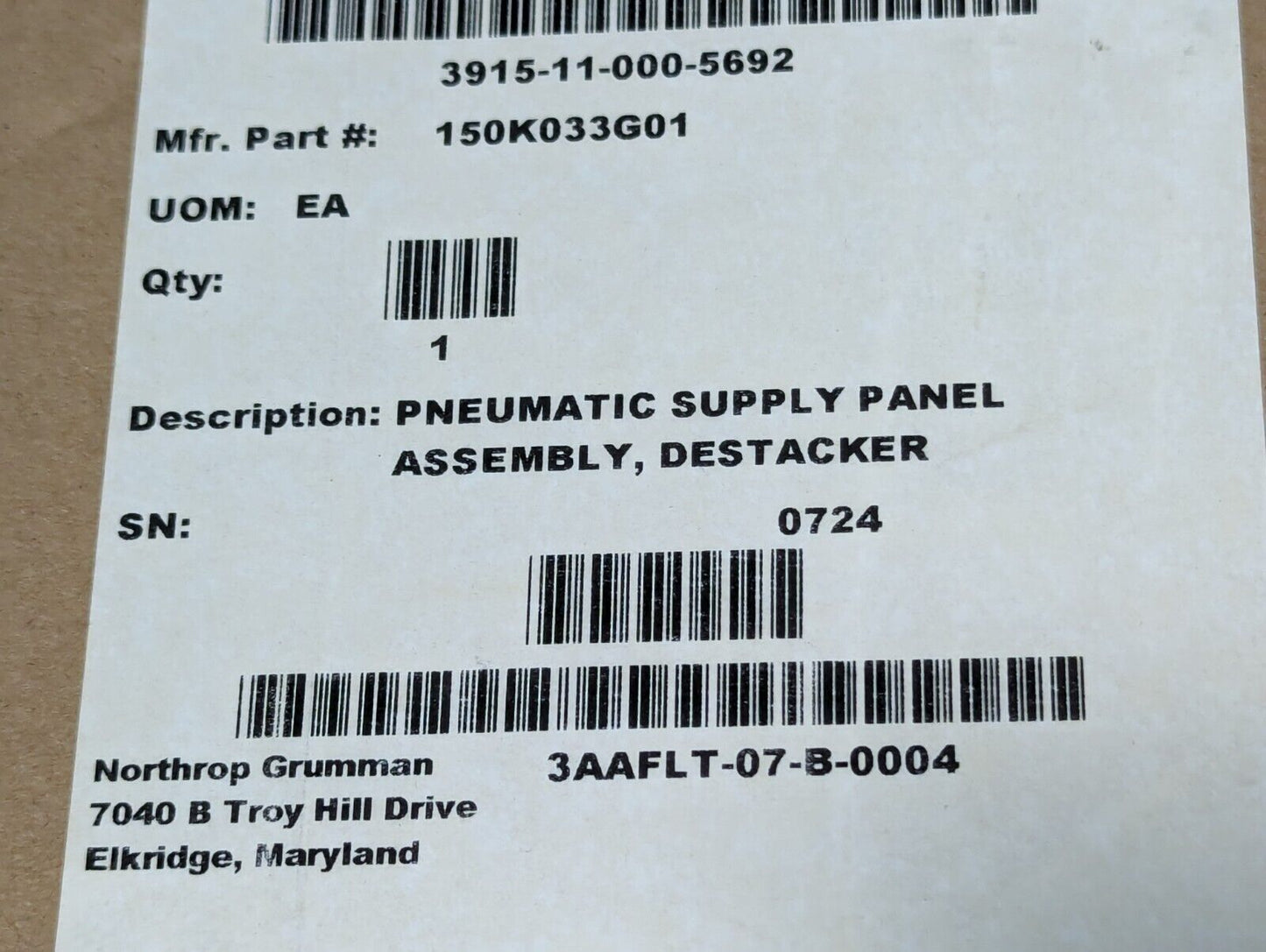 3915-11-000-5692 150K033G01 Pneumatic Destacker Supply Panel - Free Shipping