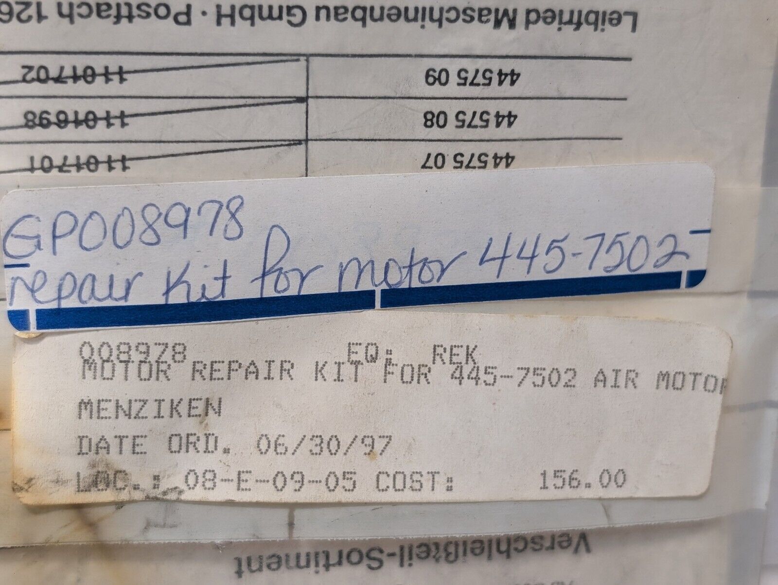 8978 Motor Repair Kit for 445-7502 Menziken Air Motor - Free Shipping