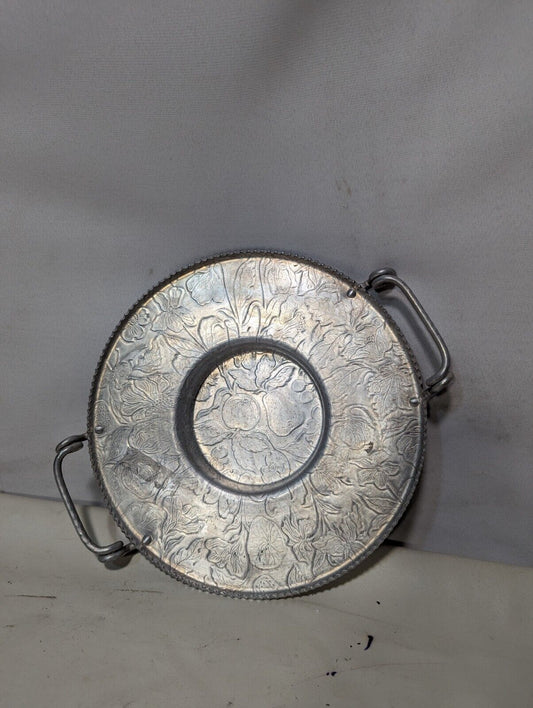 Vintage Aluminum Serving Tray with Handles, Etched w/ Floral Pattern 11.5" dia.