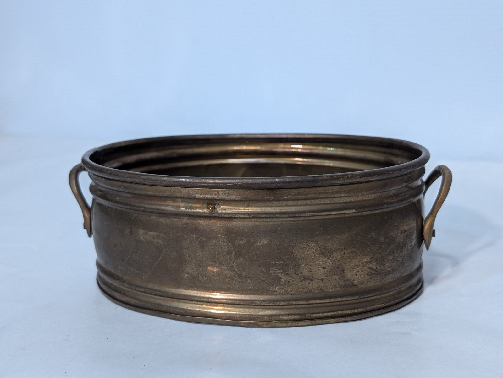 Vintage Brass Oval Planter Bucket/Tub With Handles, Scallop Imprint