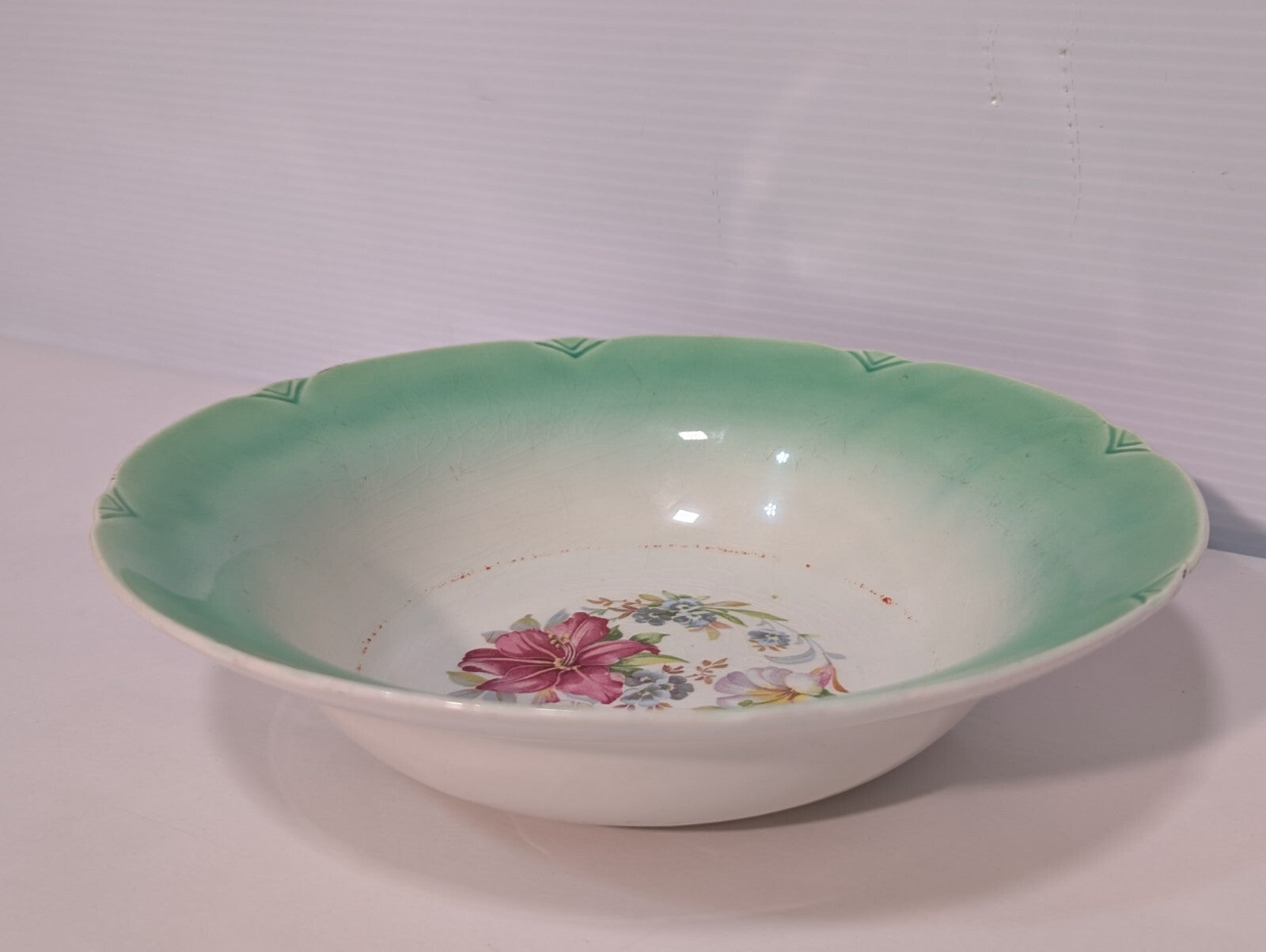 Vintage Porcelain Green + White with Floral Bouquet Serving Bowl 9 1/2" Diameter