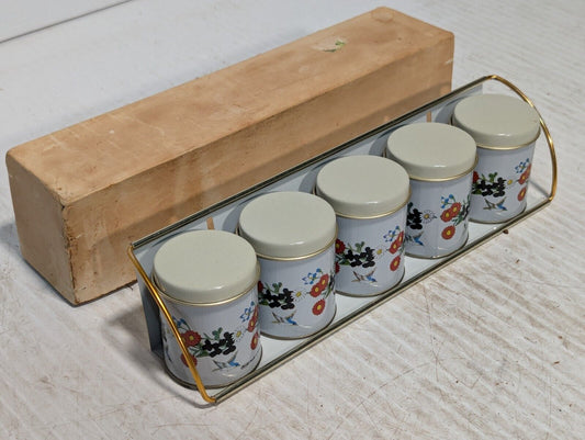 Vtg Meister 5 Tin Spice Canister Set with Rack Wild Flowers & Birds-Free Shippin