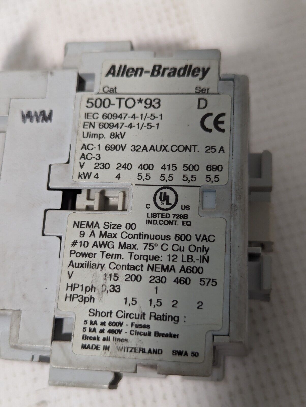 Allen-Bradley Contactor 500-TO*93 Series D, NEMA 00 - Free Shipping