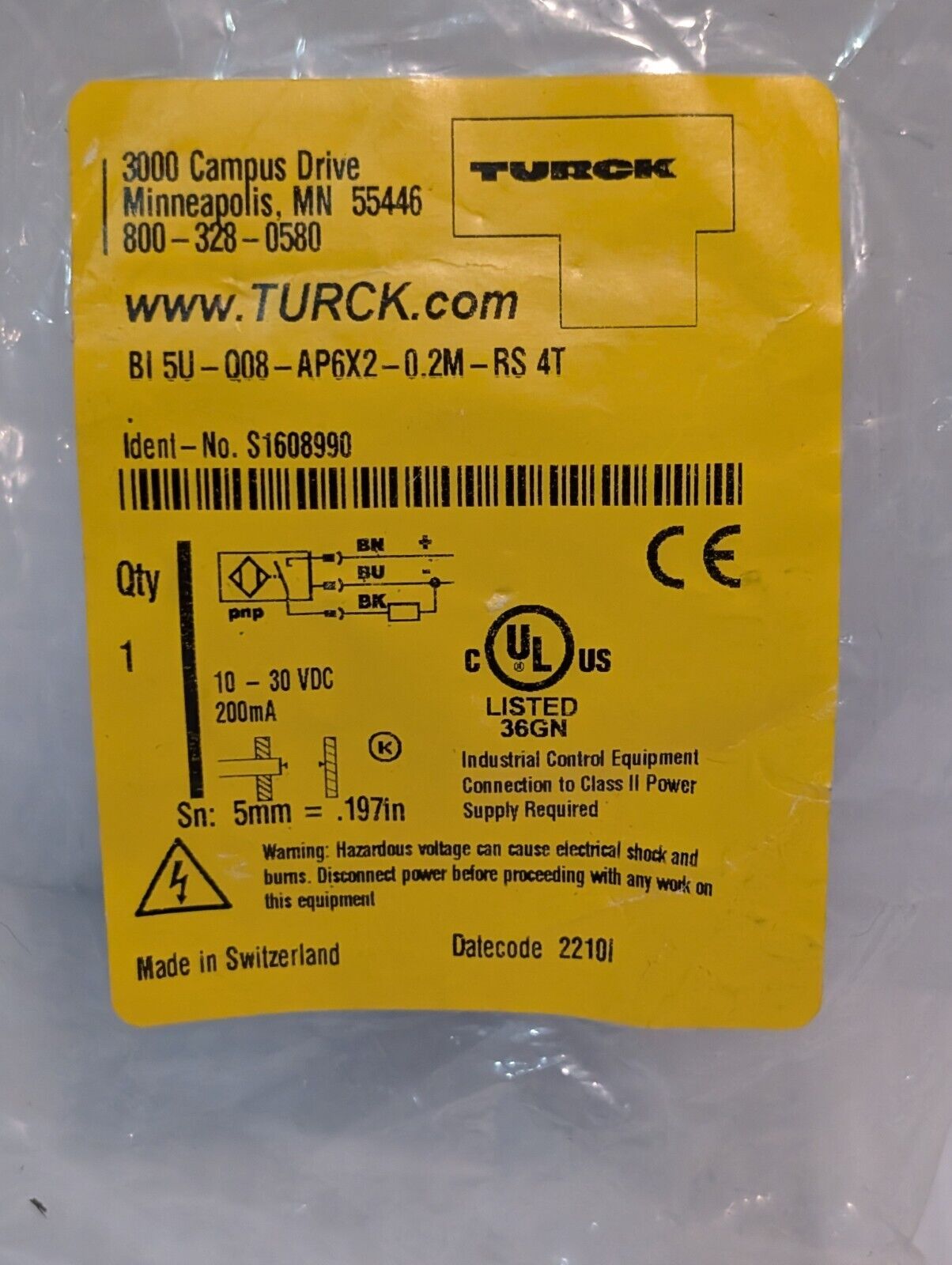 Turck BI 5U-Q08-AP6X2-0.2M-RS 4T Proximity Sensor 20-30VDC 200 mA - Free Ship