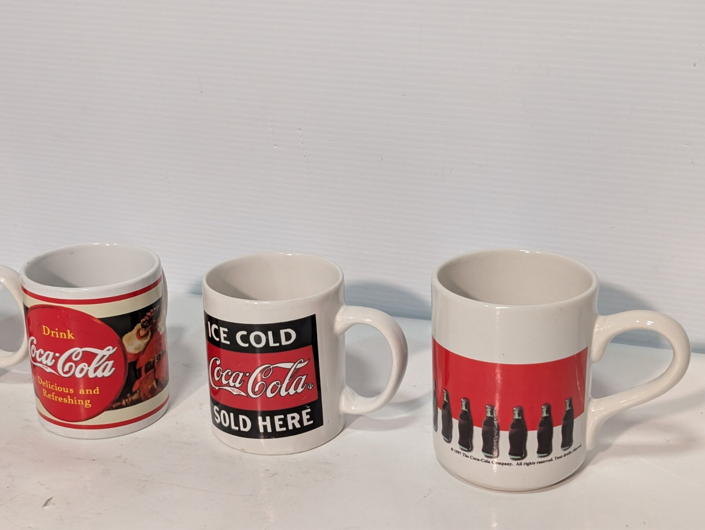 (5) Vintage Coca Cola Collectible Drinking Mugs Coke Ceramic Handles Red Blue