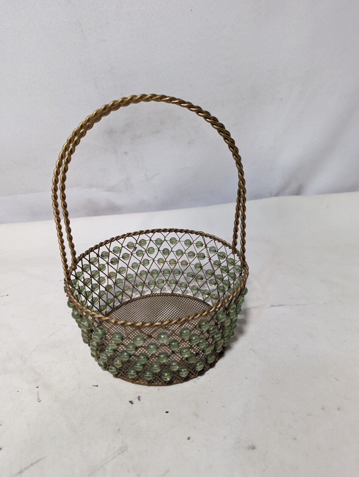 Vintage basket - Brass and bead design, round, H 9" x W 6"