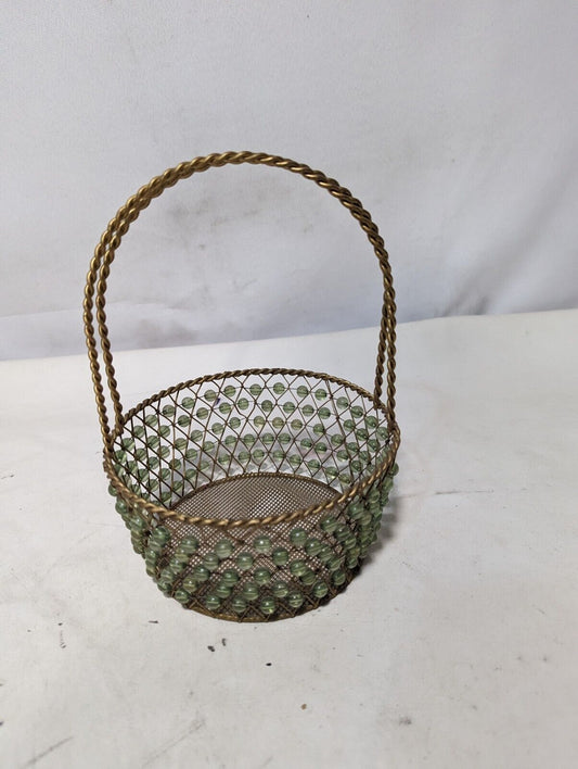 Vintage basket - Brass and bead design, round, H 9" x W 6"