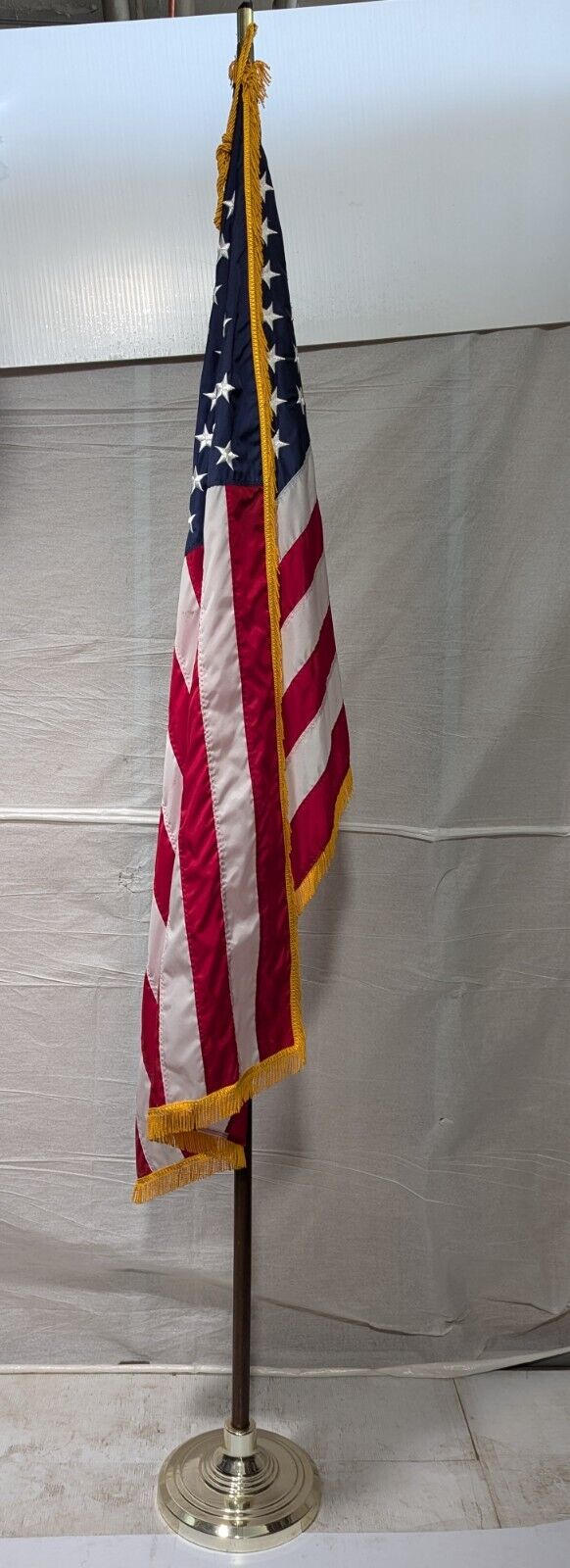 Vintage Indoor 3' x 5' American Flag With Gold Fringe and Wooden Flag Pole 99" H