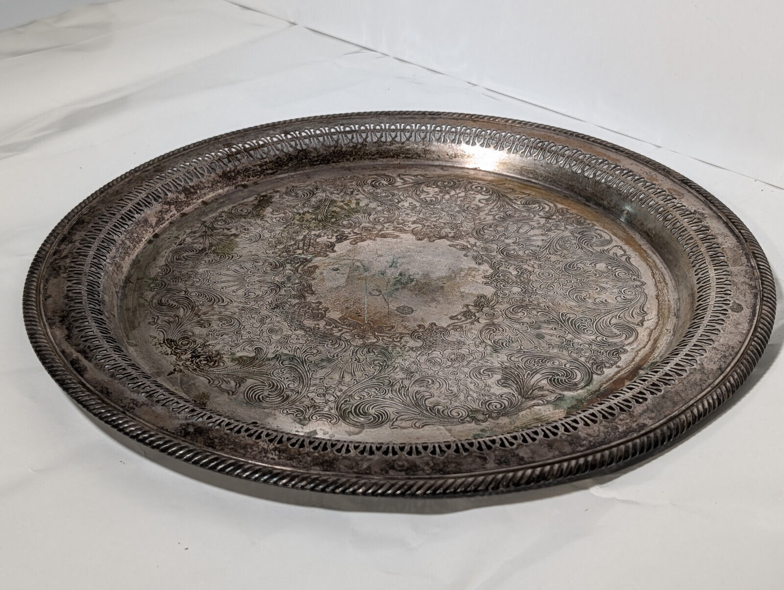 Vintage 15" Sterling Silver Plated Serving Platter, Tray, Victorian, Filagree