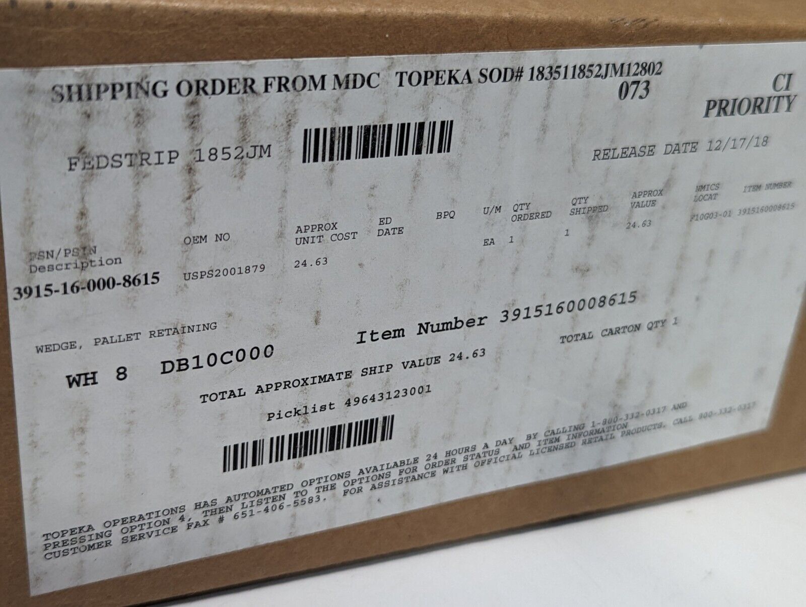 3915-16-000-8615 USPS2001879 Pallet Retaining Wedge - Free Shipping