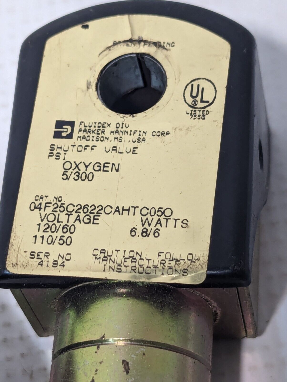 Parker Fluidex 04F25C2622CAHTC05O Oxygen Shutoff Solenoid Valve w/ Cable, 120V
