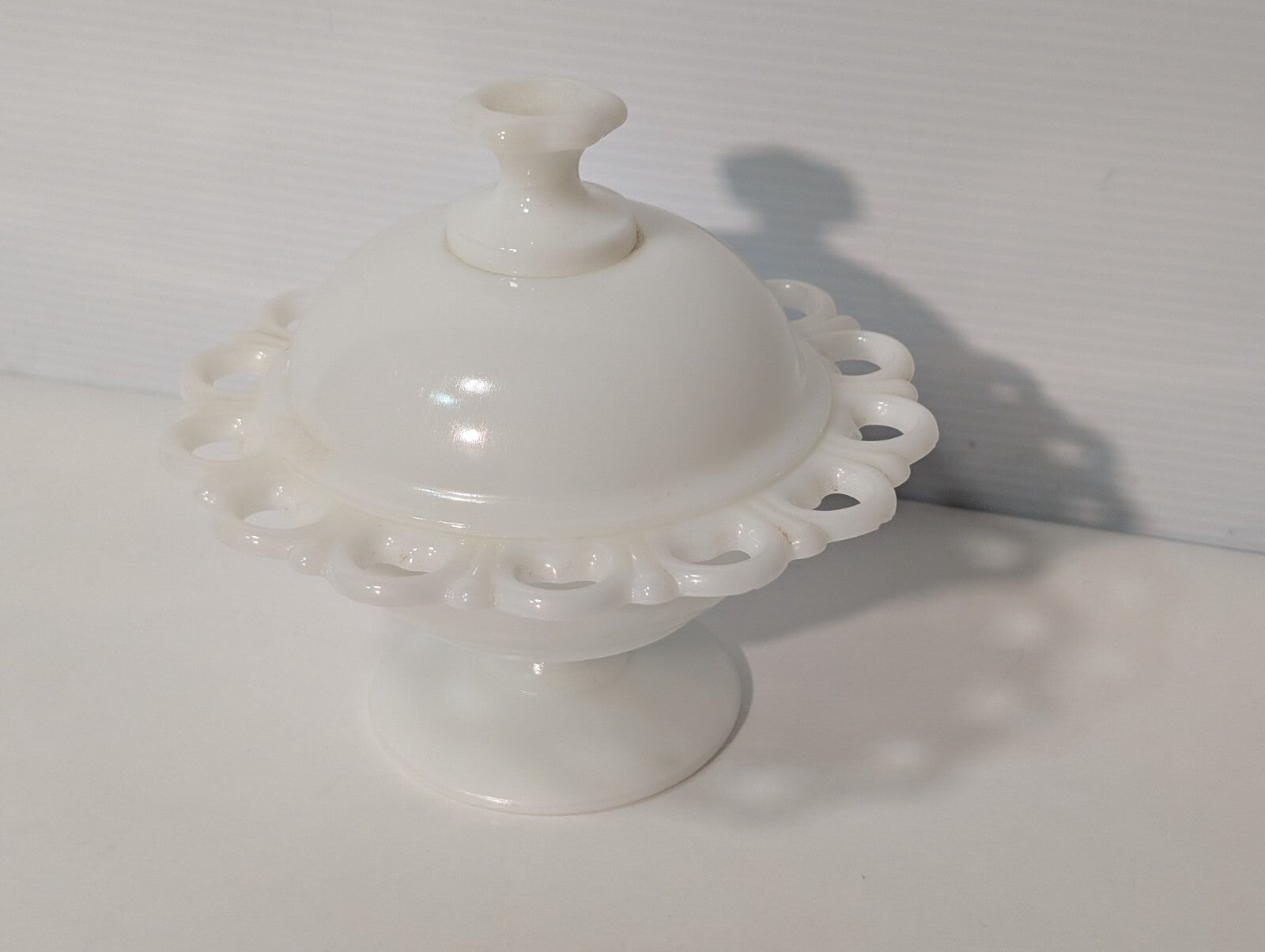 Vintage White Milk Glass Compote Lace Edged Pedestal Candy Dish with Lid, ID: 5"