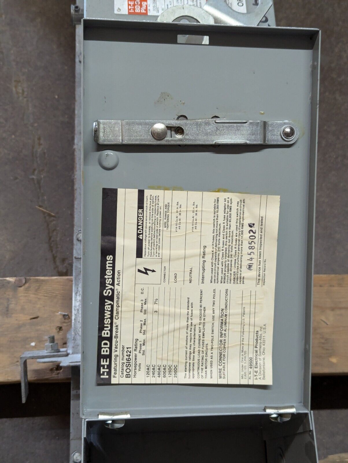 I-T-E BOS-16421 BD Switch Plug, 30A, 240V, 3 phase, 3 HP std. - Free Shipping