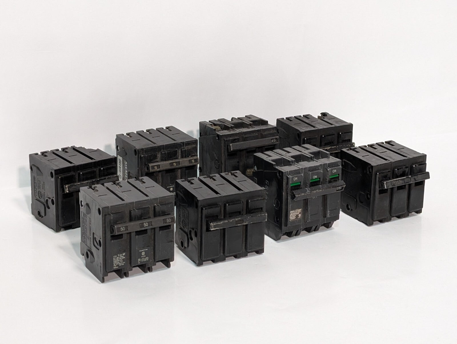 (8) 3-Pole Circuit Breakers, Assorted Amperages and Brands, See Photos