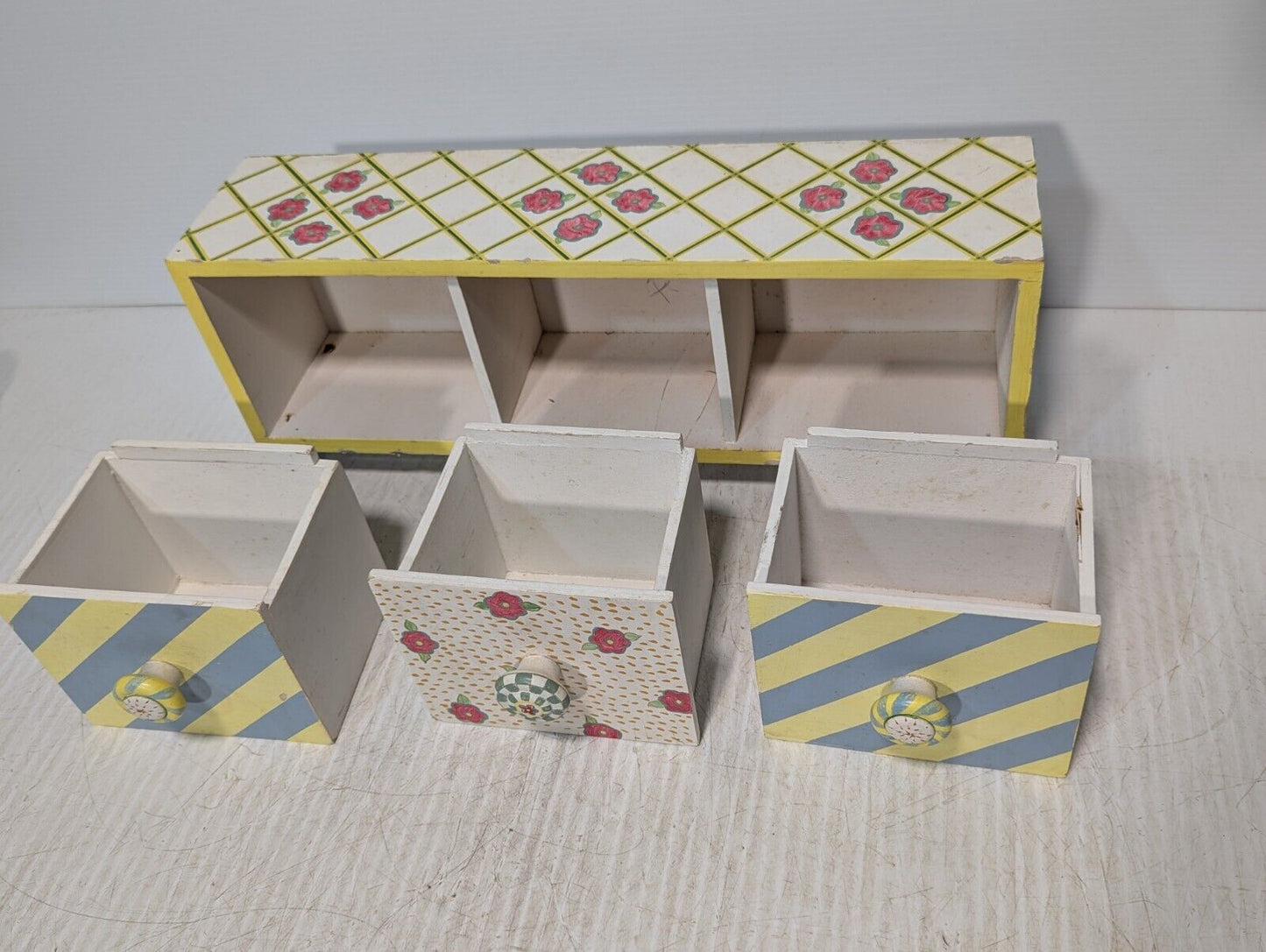 Vintage Hand-painted 3 Drawer Organizer Unit, 20" x 8" x 5" - Free Shipping