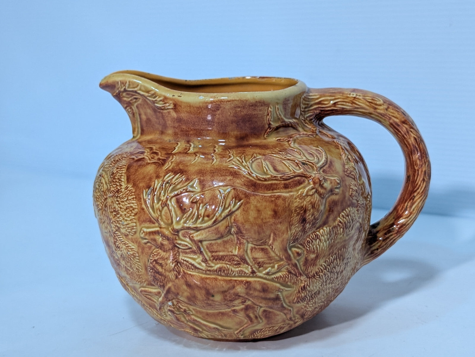 Vintage Brown Glazed Pottery Pitcher Elk, Deer, Buck, Hunters, Forest Wood Scene