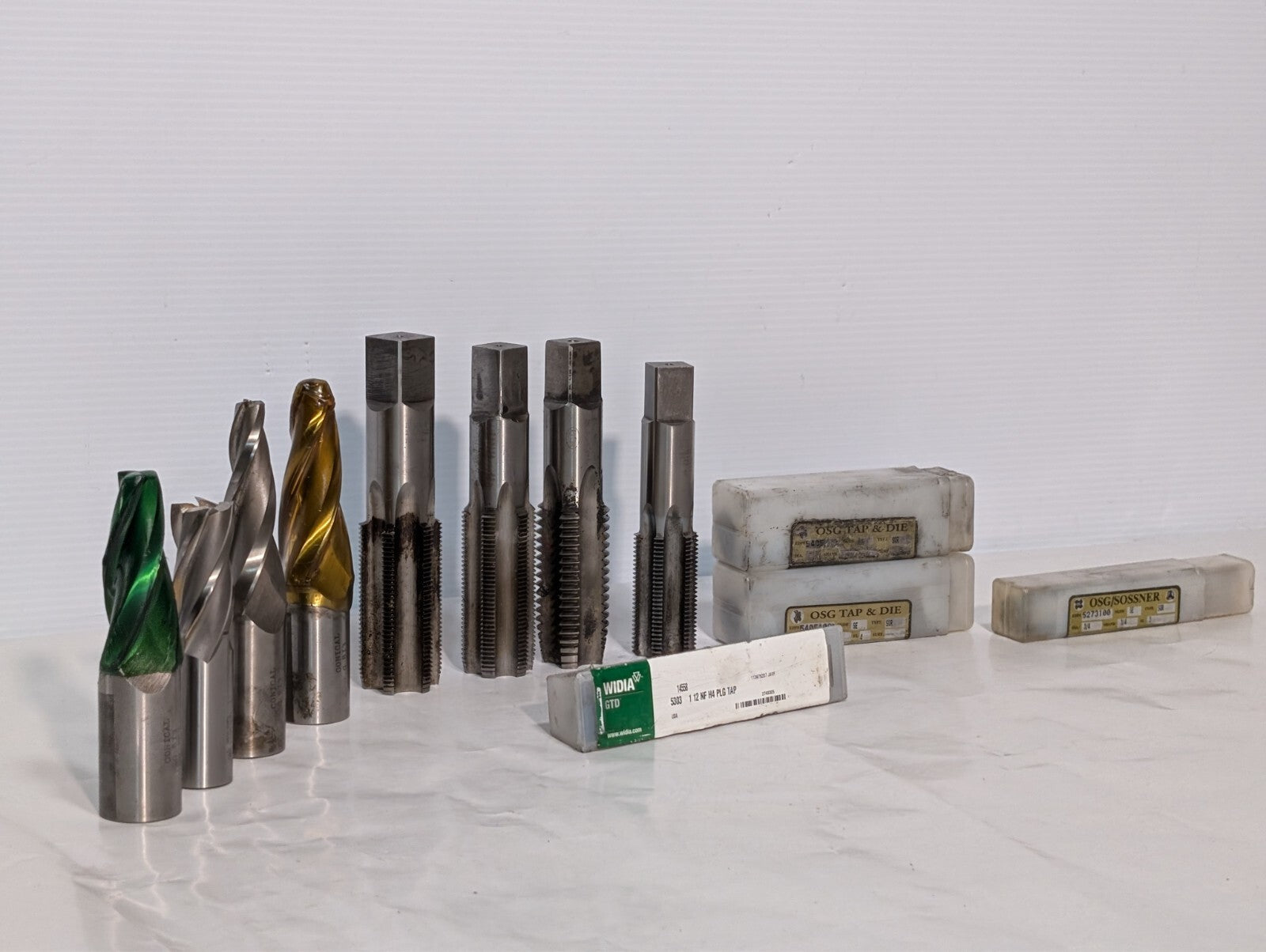 (12) End Mills and Tap, Sossner Widia Conical, See Photos for Specs.