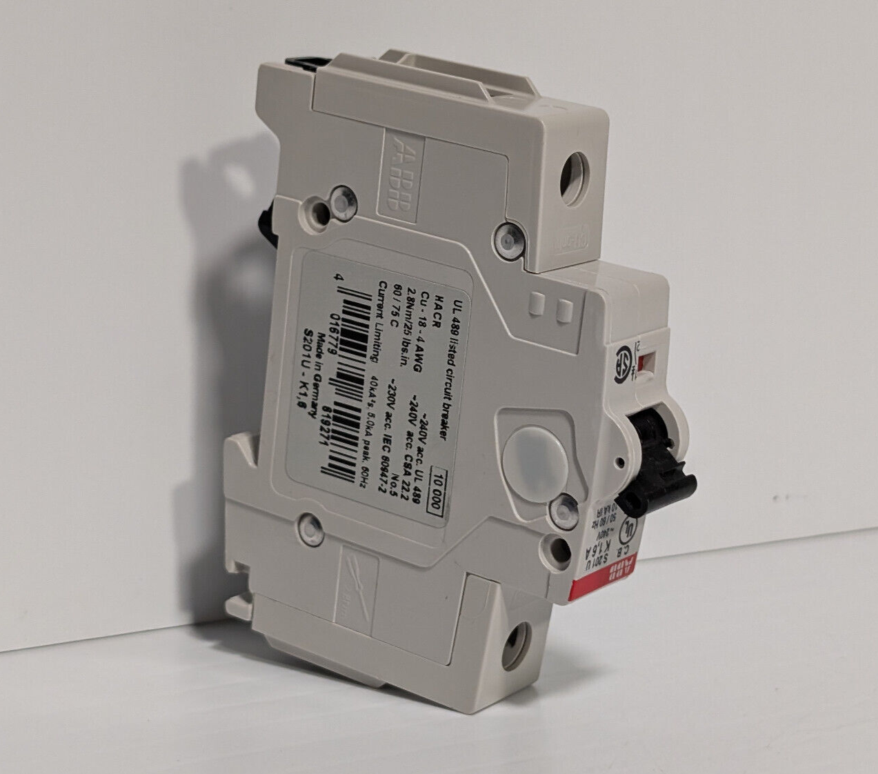 ABB S201U-K1,6 Circuit Breaker, 162K852H01, 1-Pole, 240 VAC, 50/60Hz, E212323