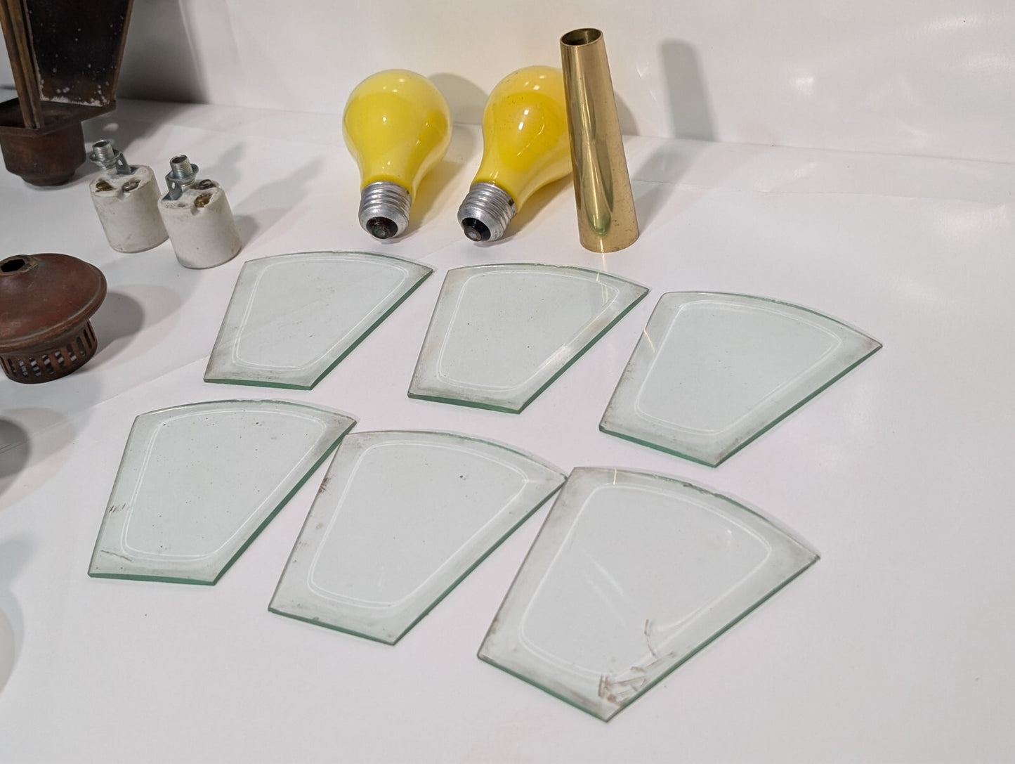 (2) Vintage French Pedestal Lamp Light Brass Glass Covers Disassembled Full Set