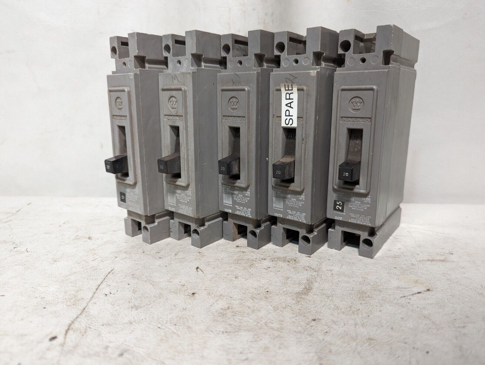 Lot of 5 Westinghouse HFB1020 circuit breakers, 20A, 277VAC, 125VDC, 1 pole