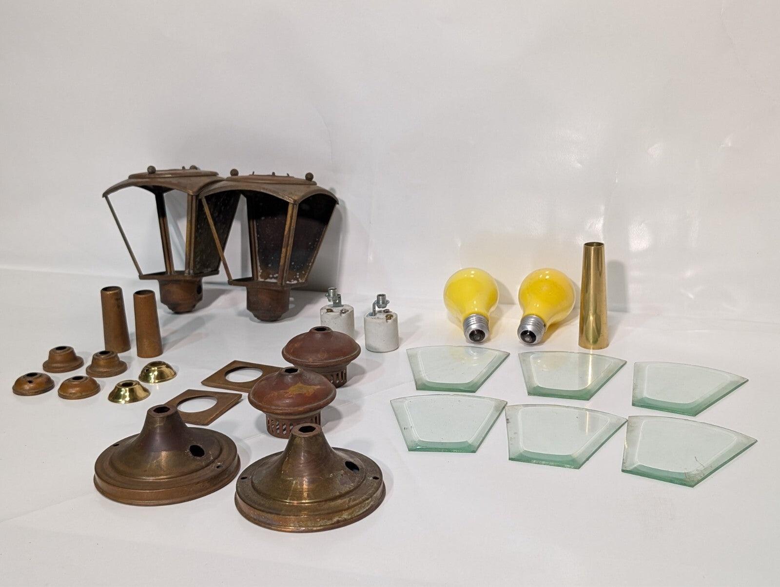 (2) Vintage French Pedestal Lamp Light Brass Glass Covers Disassembled Full Set