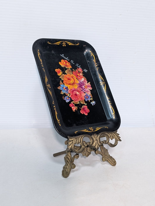 Vintage Tole Metal Floral Rose Design Tray with Display Stand