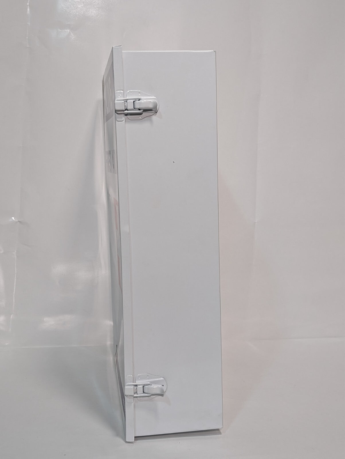 Uline First Aid Cabinet, 4 shelf, metal case, no contents, 22x15x6 inch, dings