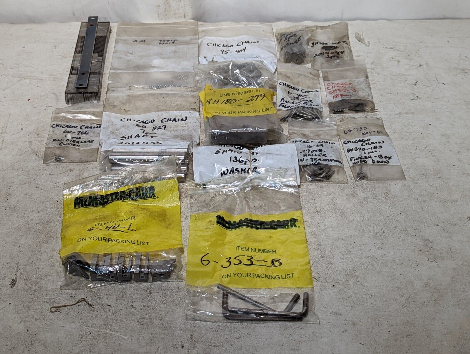 Lot of Chicago Chain parts: 60-827 shaft x7, 3H465-416-G x2, more as pictured